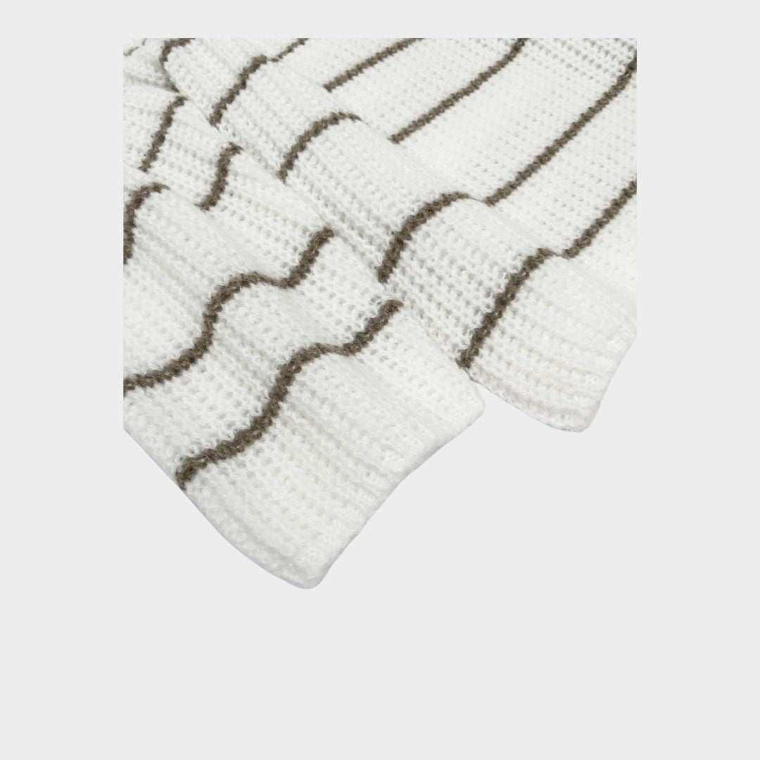 V-Neck Women’s Sweater - Beige Metallic Striped Knit, Slim Fit, Long Sleeve Beige Pullover, Autumn Fashion