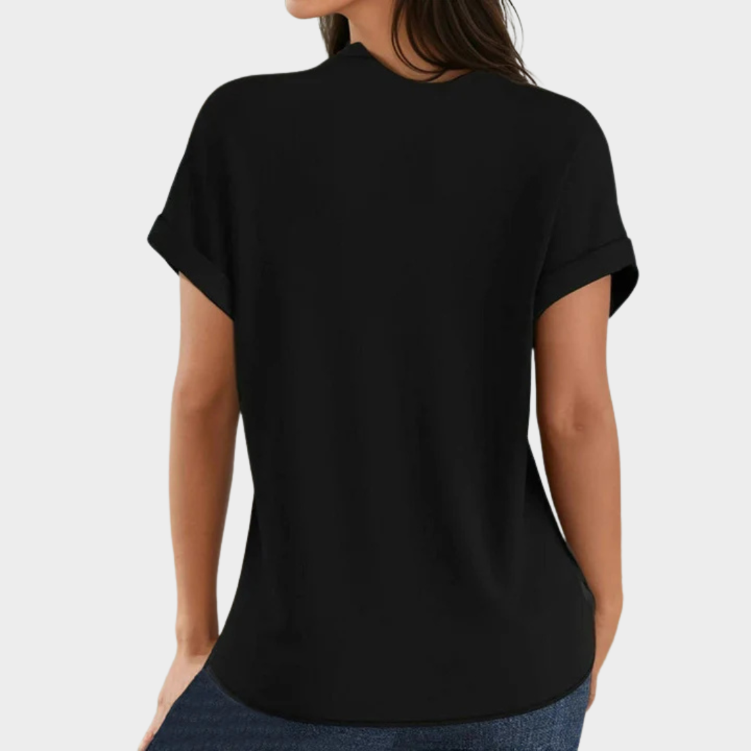 Women’s Vintage Floral Blouse – V-Neck Short Sleeve Shirt – Cotton-Polyester Blend – Classic Black Floral Print – Black