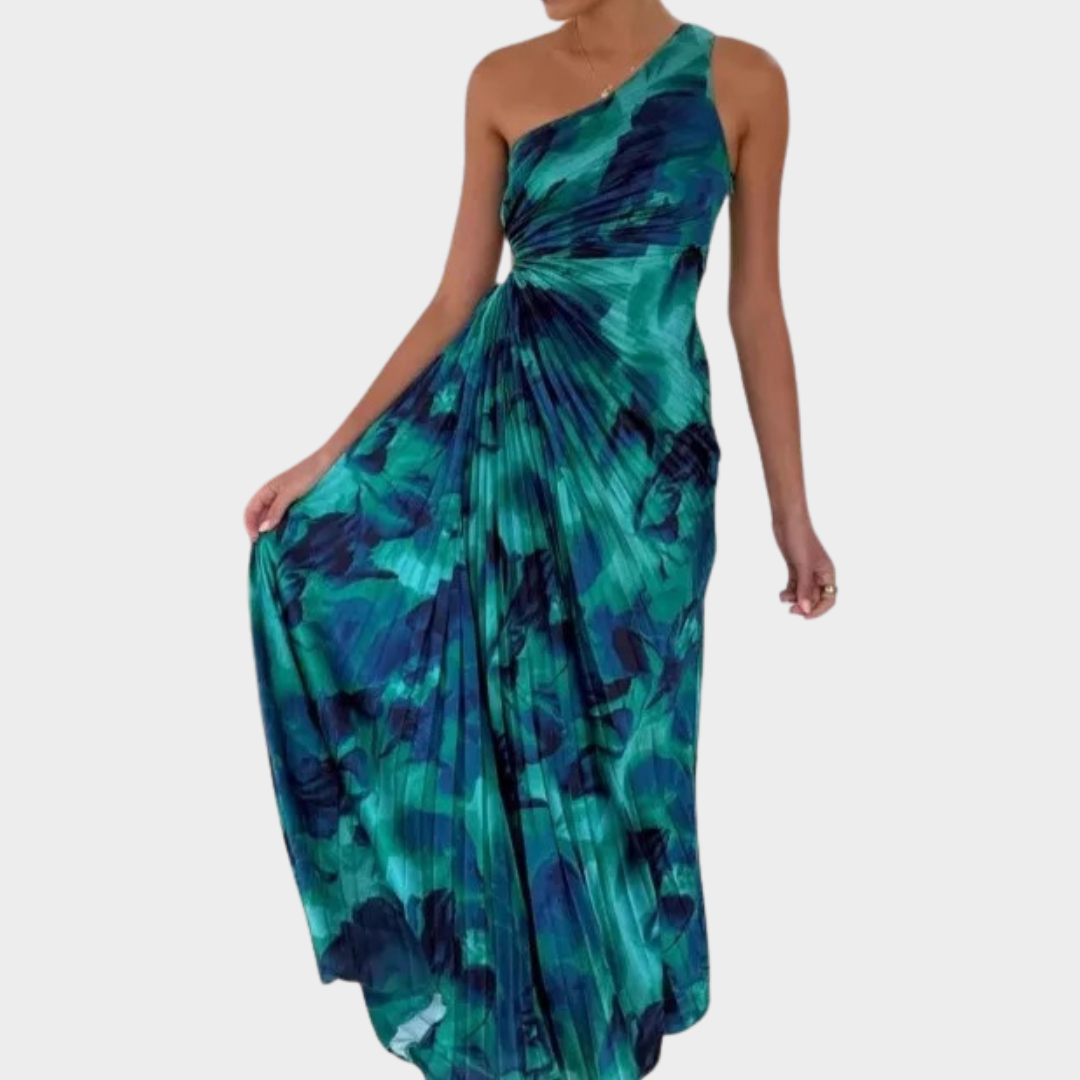 Women’s One-Shoulder Pleated Dress – Elegant Asymmetrical Printed Maxi Dress – Flowing Fit – Green