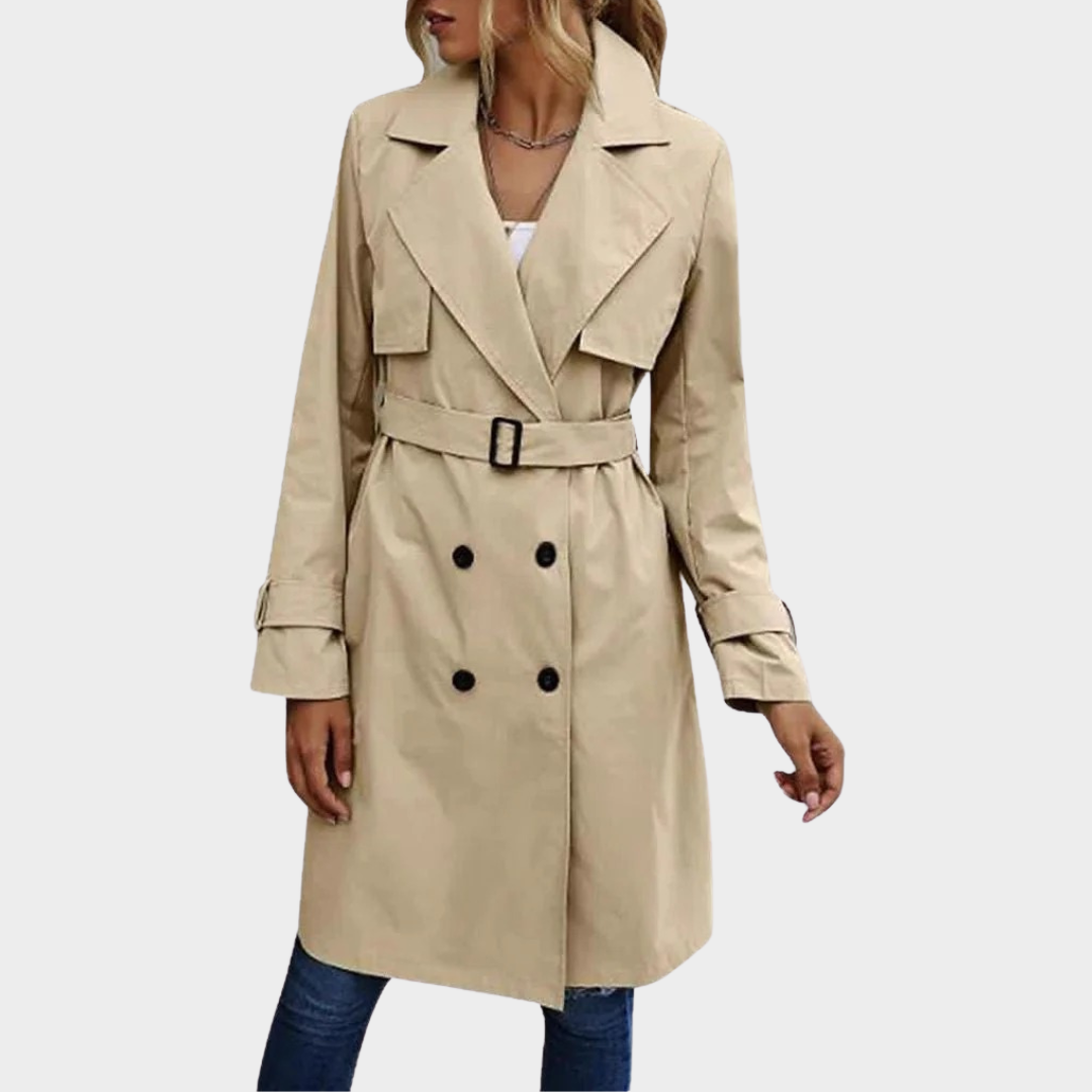 Women Double Breasted Trench Coat – Long Casual Jacket with Solid Colour Design Slim Fit Outwear – Multiple Colours