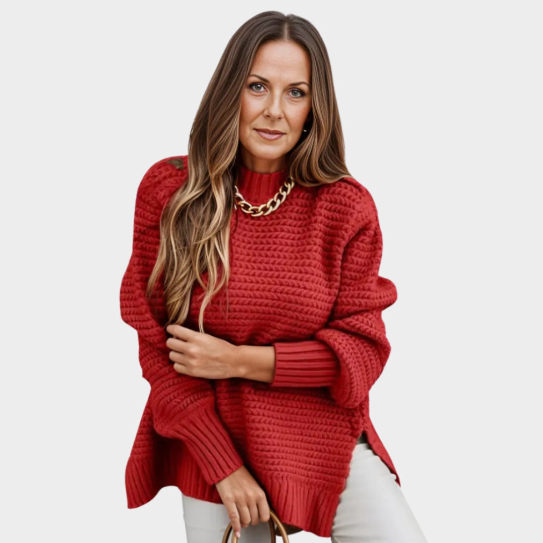 Thick Women’s Knitted Sweater – Half-High Collar, Unique Pattern, Beige, Red, and More