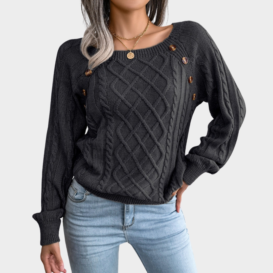 Women’s Cable Knit Sweater – Square Neck, Button Detail, Ribbed, Long Sleeve, Solid Color Pullover