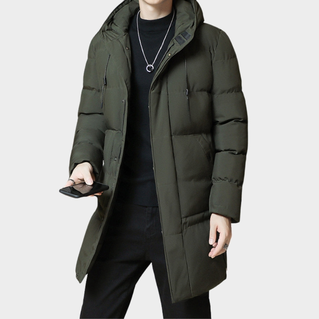 New Winter Men's Long Coat - Down Cotton, Thickened Warm Korean Style, Youth Fashion, Grey, Black, Army Green