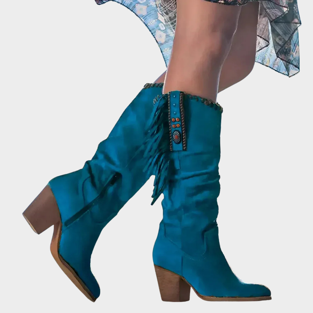 Women Western Cowboy Boots – Retro High Boots with Thick Heel and Metal Buckle – Pointed Toe Tassel Design – Multiple Colours