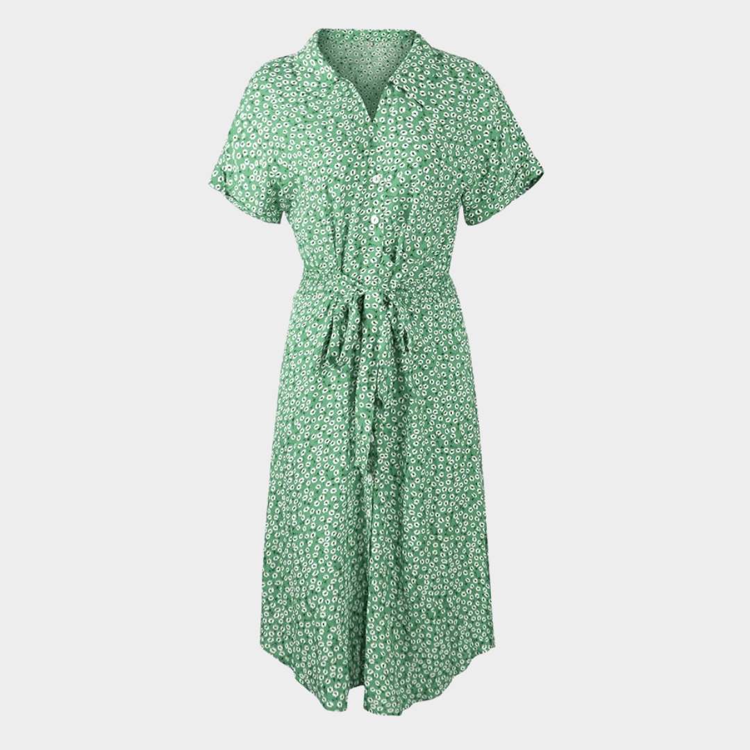 Women's Floral V-Neck Midi Dress – Short Sleeve – Button Front – Casual Loose Fit – Lightweight Fabric – Multiple Colours