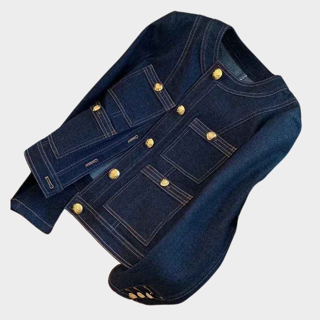 Women's Denim Jacket - Short Loose Fit - Classic O-Neck Coat - Button-Up with Pockets - Blue