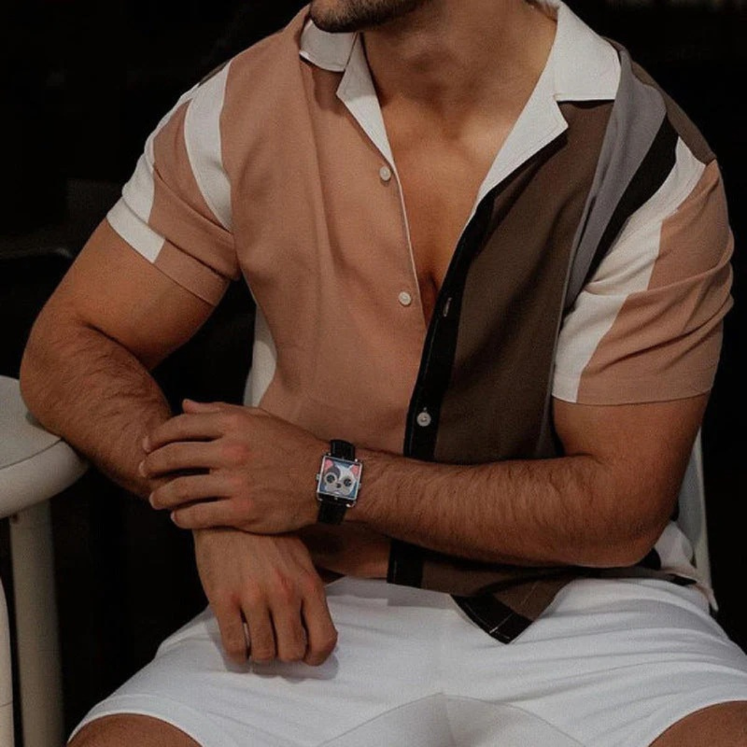 Men Shirt – Regular Fit Short Sleeve Button-Up – Breathable Blend Geometric Print – Brown