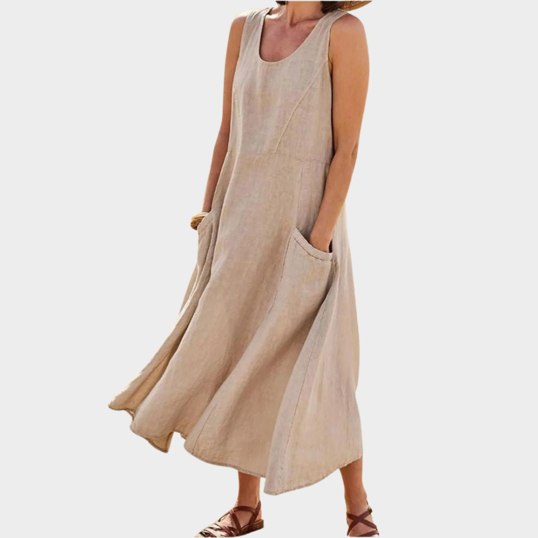 Women's Cotton Linen Dress – Sleeveless – O Neck – Loose Fit – With Pocket – Multiple Colours