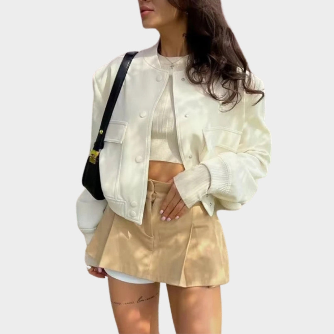 Women’s Cropped Bomber Jacket - Long Sleeve Aviator Baseball Coat, Button Closure, Black, Beige, Navy Blue