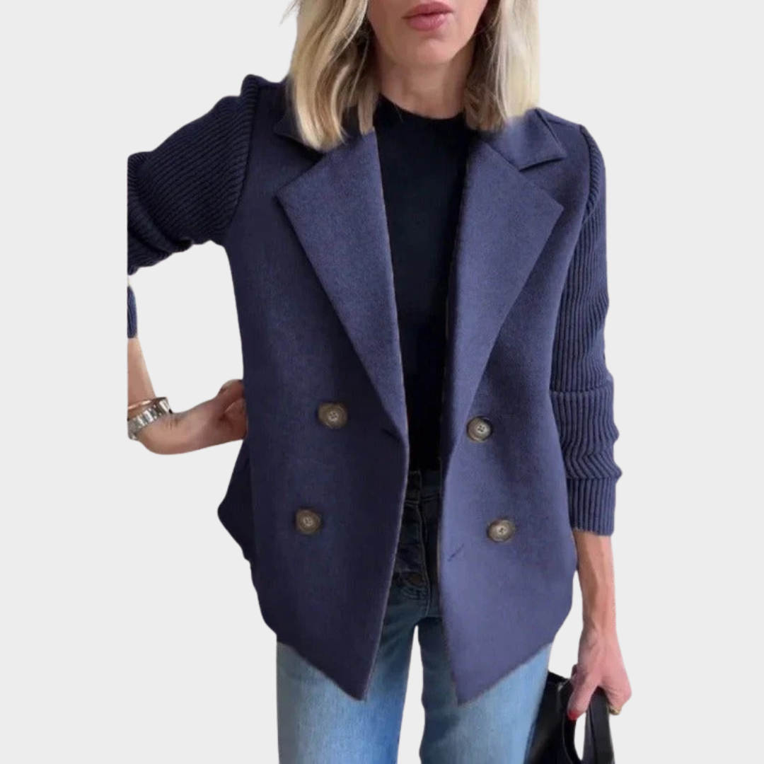 Women’s Double Breasted Tweed Wool Blend Blazer – Long Sleeve Knitted Office Jacket – Multiple Colours