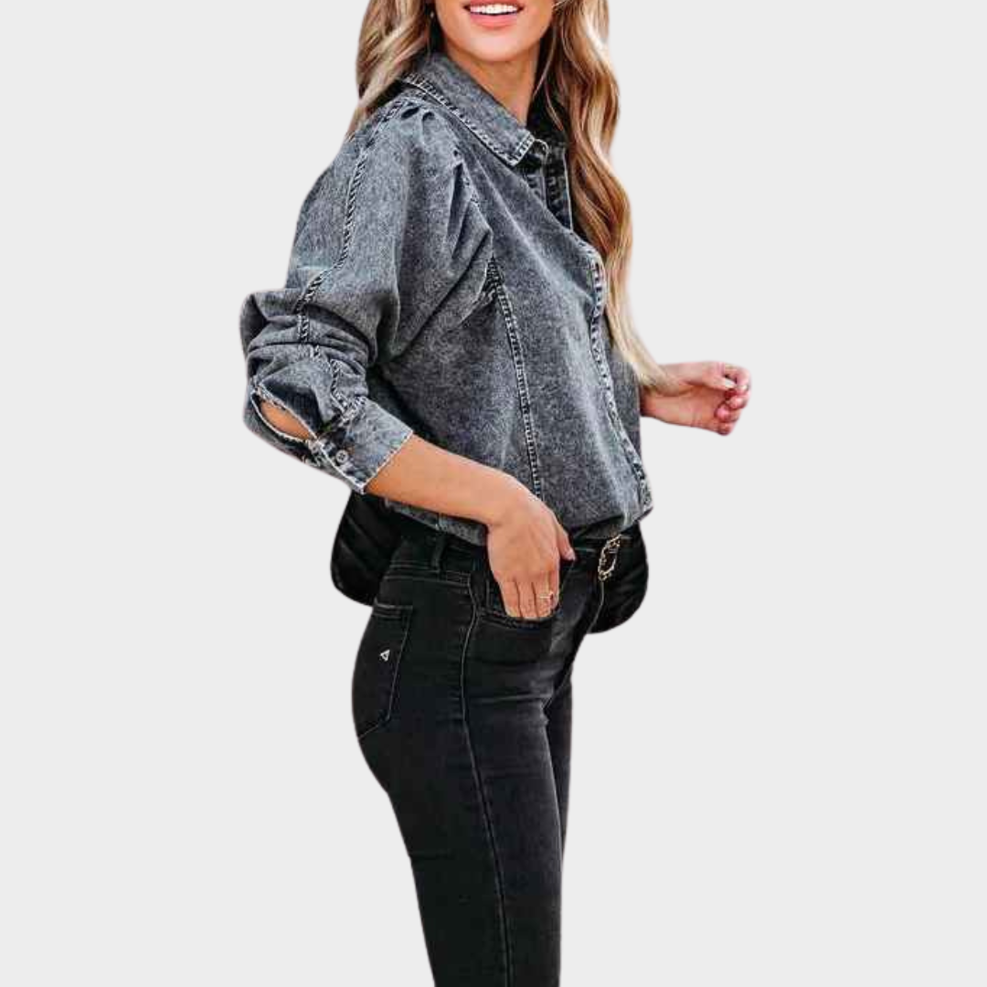 Women's Denim Blouse - Puff Long Sleeve Boho Shirt - Loose Fit Vintage Cotton Top - Multiple Colours