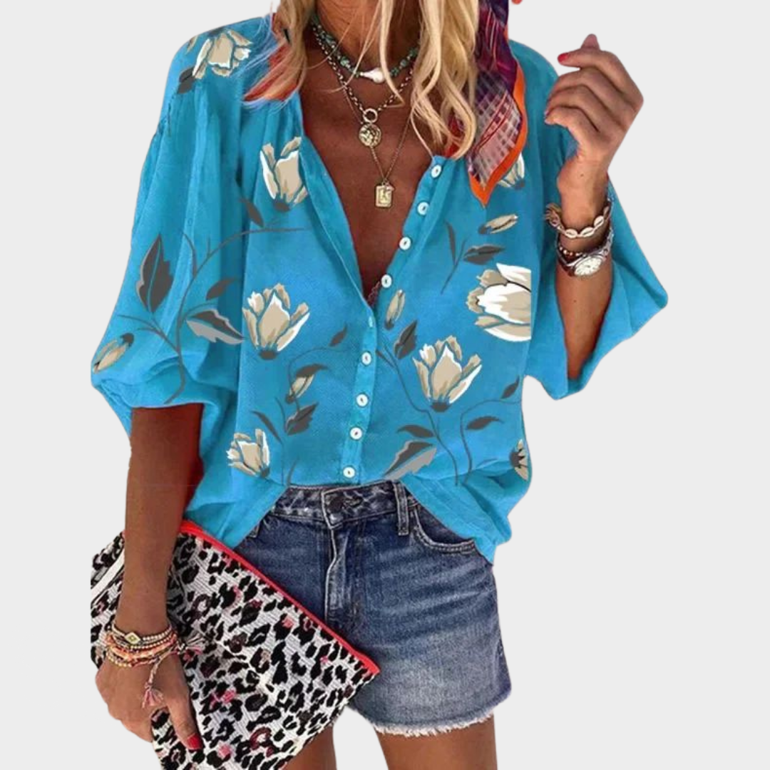 Women's Printed Button-Up Shirt – Stand-Up Collar – Long Sleeve – Loose Casual Fit – Multiple Colours