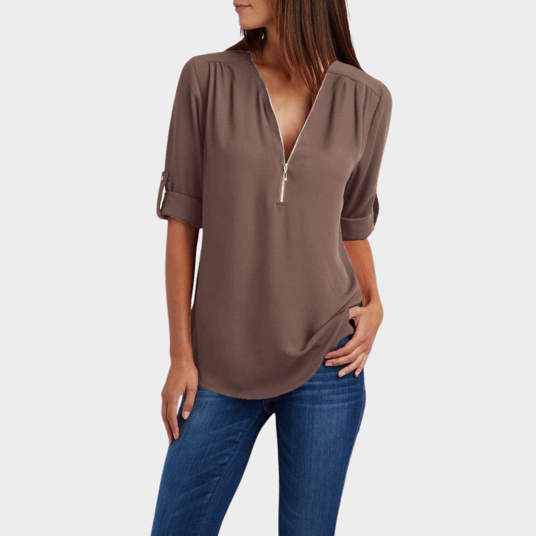 Women's V-Neck Chiffon Blouse – Half Sleeve – Zipper Front – Casual Office Shirt – Multiple Colours