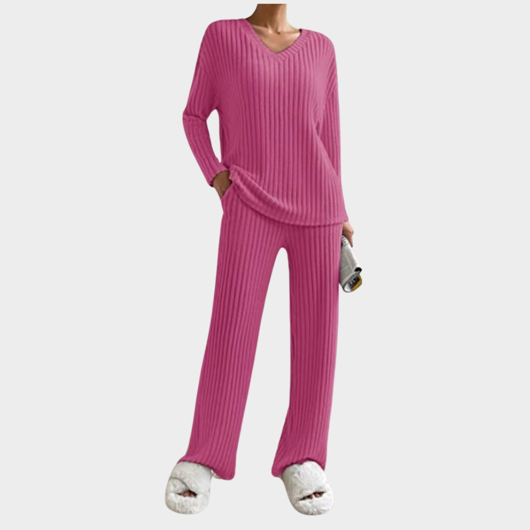 Women's Knitted Two-Piece Set - V-Neck Top & Straight-Leg Trousers - Soft & Comfortable - Multiple Colours