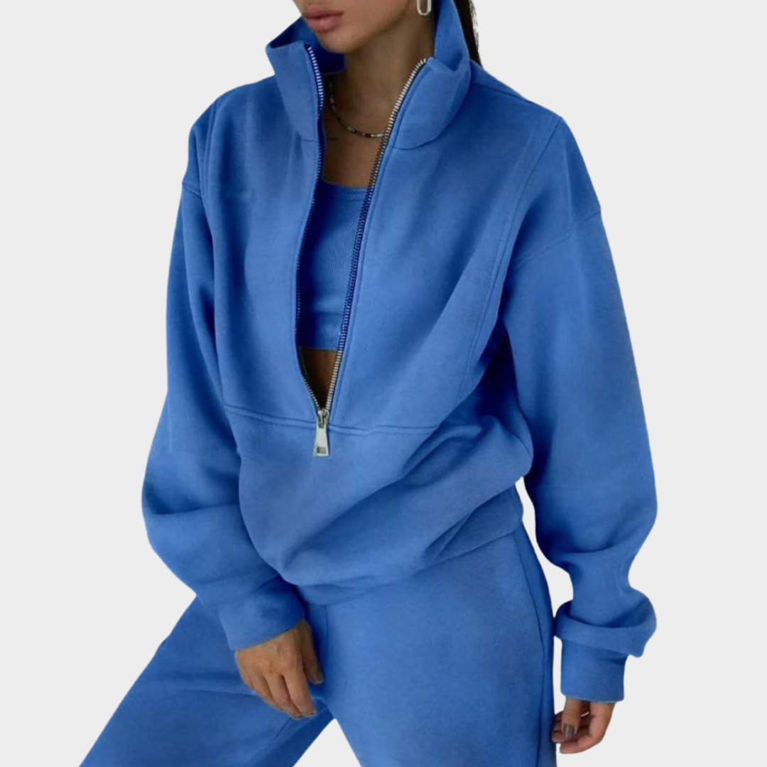Women's Two-Piece Tracksuit - Fleece Lined - Zip-Up Sweatshirt & High-Waist Pants - Multiple Colours