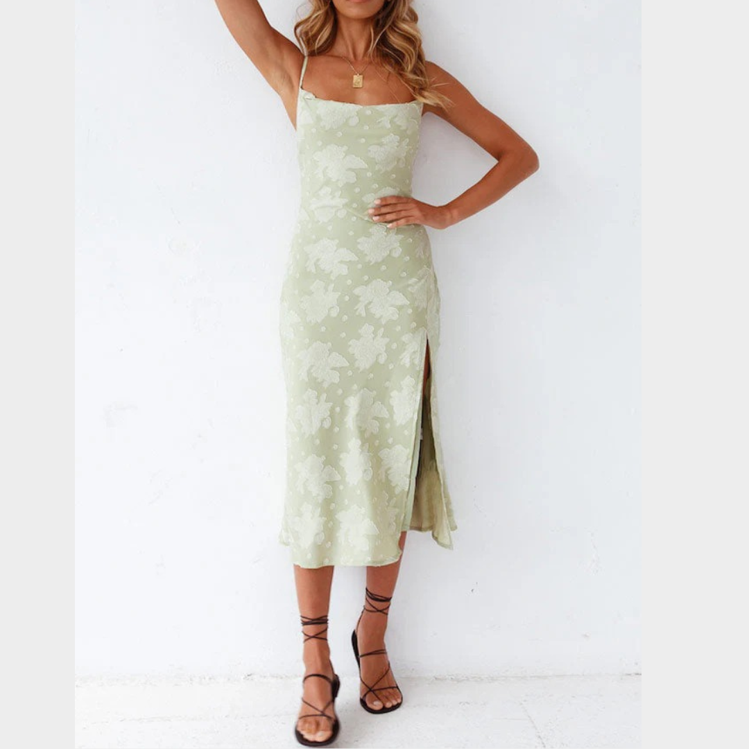 Women’s Slim Fit Midi Slip Dress – Cowl Neck – High Slit – Floral Pattern – Luxury Smooth Fabric – Green