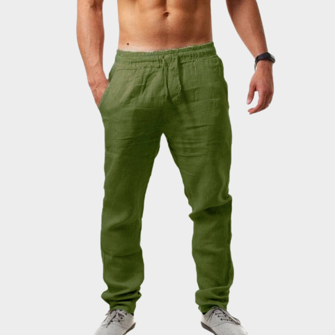 Men's Cotton Linen Trousers - Loose Fit - Elastic Waistband - Lightweight & Breathable - Multiple Colours