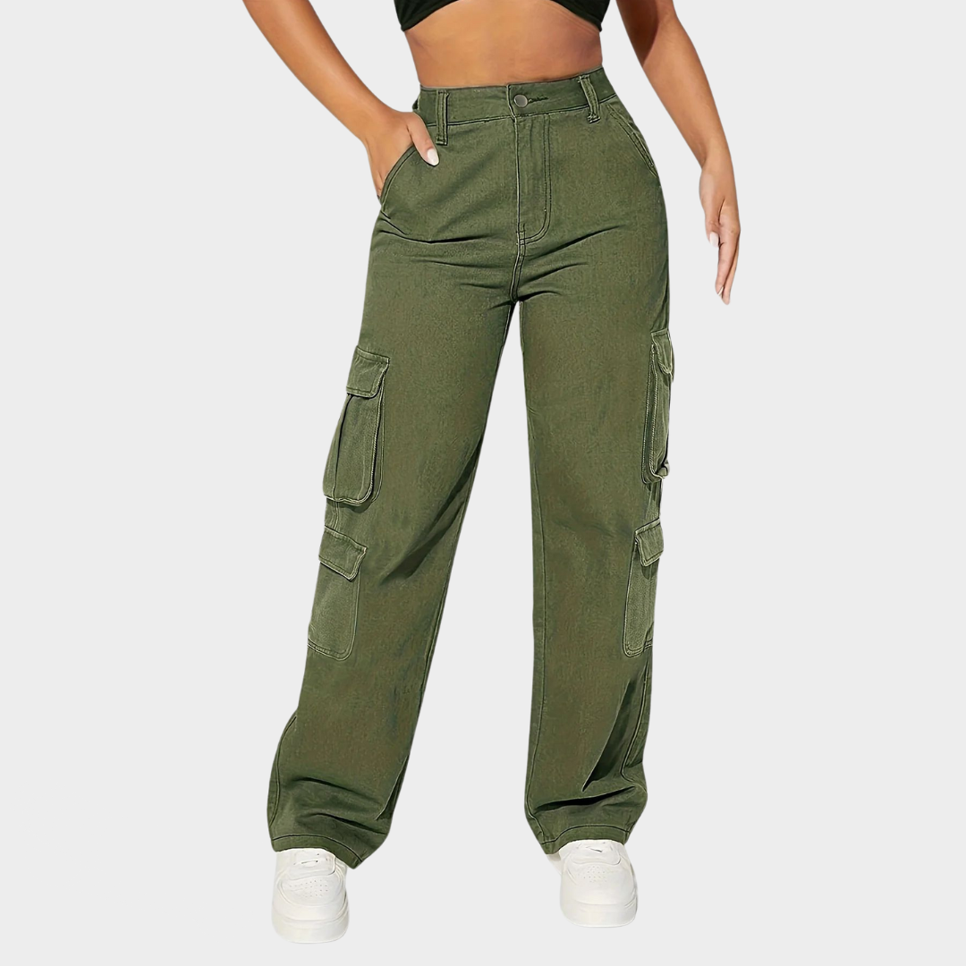 Women's Cargo Jeans – Loose Fit – Straight Leg – Non-Stretch Denim – Flap Pocket Design – Army Green