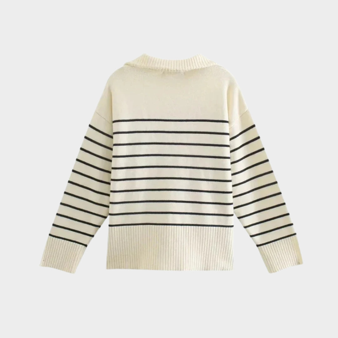 Women’s Vintage Chic Knit Sweater - Striped Zip-Up Design, Old Money Style, Cream White and Blue