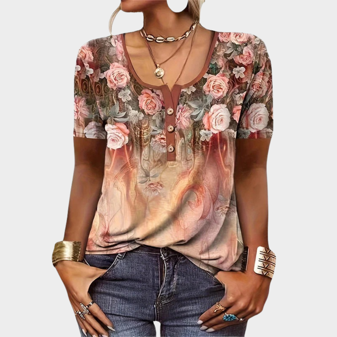 Women's Short Sleeve Blouse – Loose Fit Ethnic Button Style with 3D Floral Print – Multiple Colours