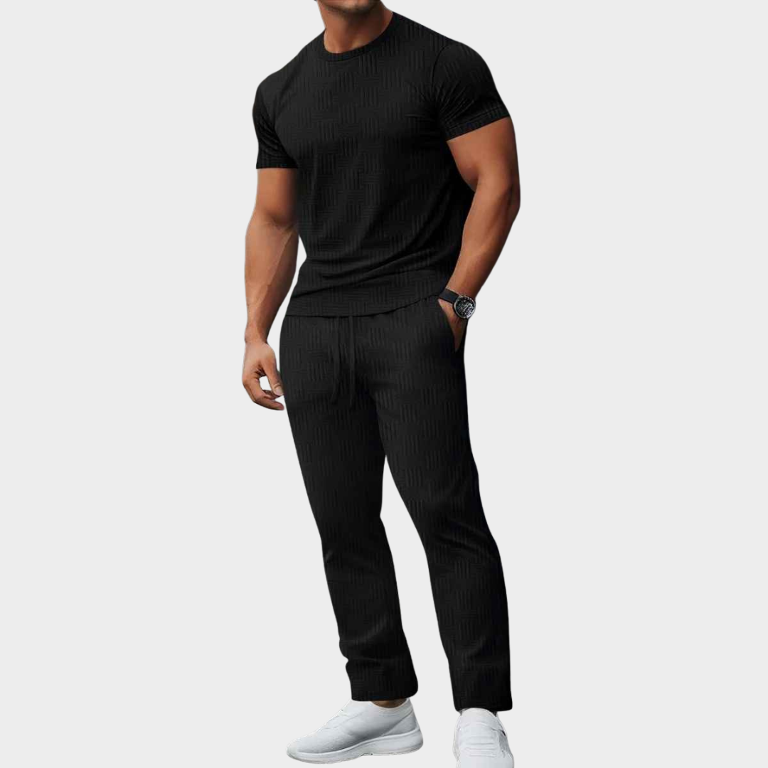 Men's Co-Ord Set – Striped Jacquard Round Neck Short Sleeve T-Shirt with Solid Colour Loose Long Pants – Multiple Colours