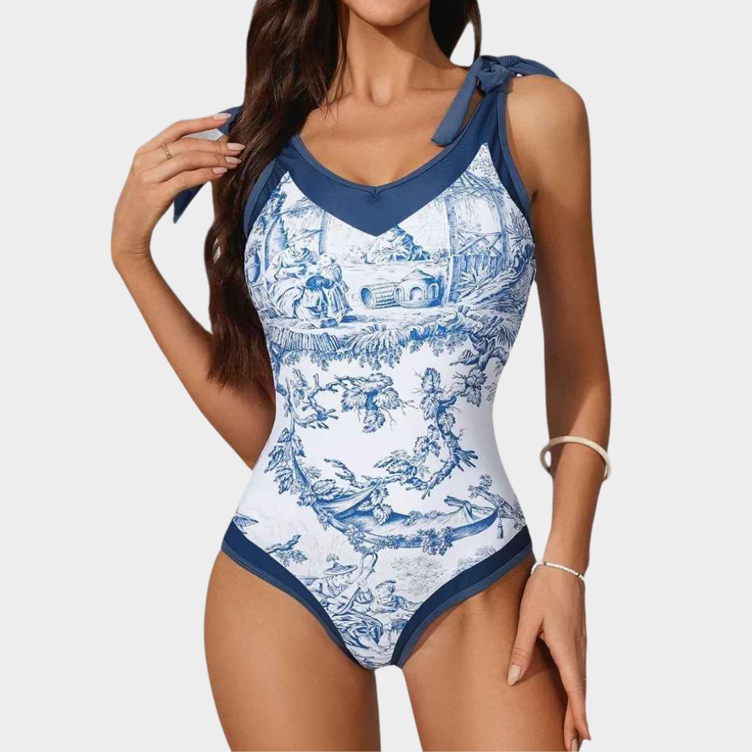 Women's One-Piece Swimsuit – Retro Tie-Dress Long Skirt Style Slim Fit – Blue