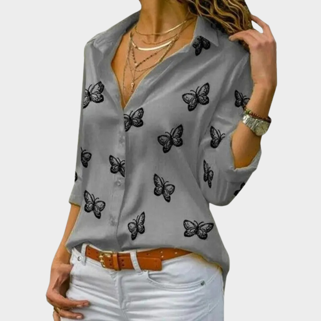 Women’s Oversized Blouse – Butterfly Print Long Sleeve Shirt – Turn-Down Collar – Loose Fit – Lightweight Fabric – Multiple Colours