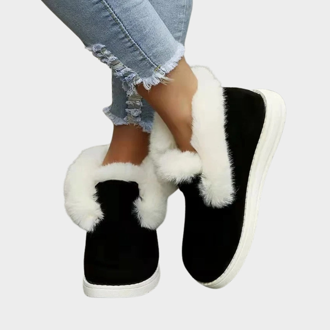 Women’s Slip-On Ankle Boots - Winter Warm Plush Fur Snow Boots, Suede Footwear, Grey, Black, Brown