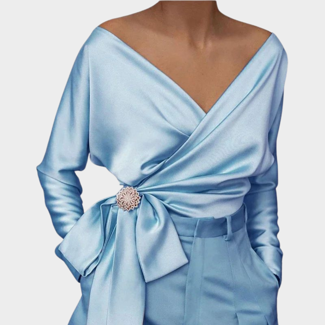 Women's Satin Blouse – V-Neck – Side Lace-Up – Long-Sleeved – Elegant Glossy Top – Multiple Colours
