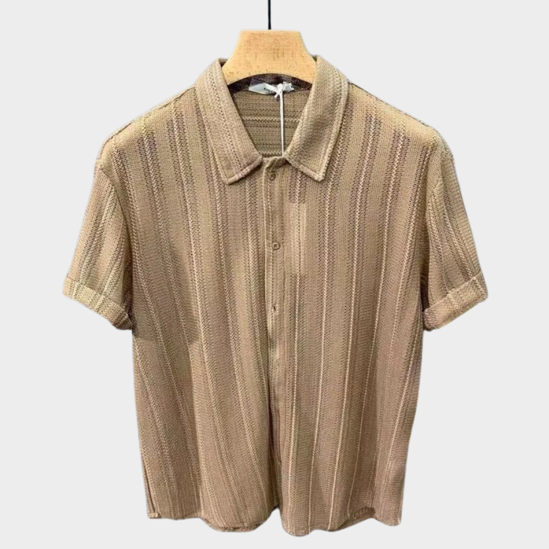 Men’s Short Sleeve Knitted Shirt – Hollow Out Cardigan Style with Buttoned Lapel – Lightweight Comfortable Fit – Multiple Colours