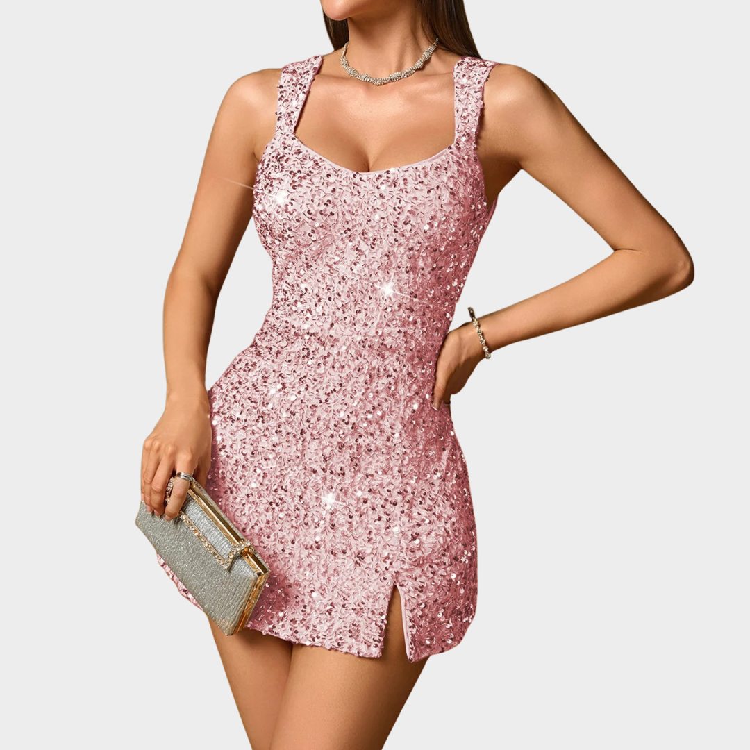 Women’s Sequin Mini Dress – Elegant Party Cocktail Dress with Square Neckline – Curve-Hugging Fit – Multiple Colours