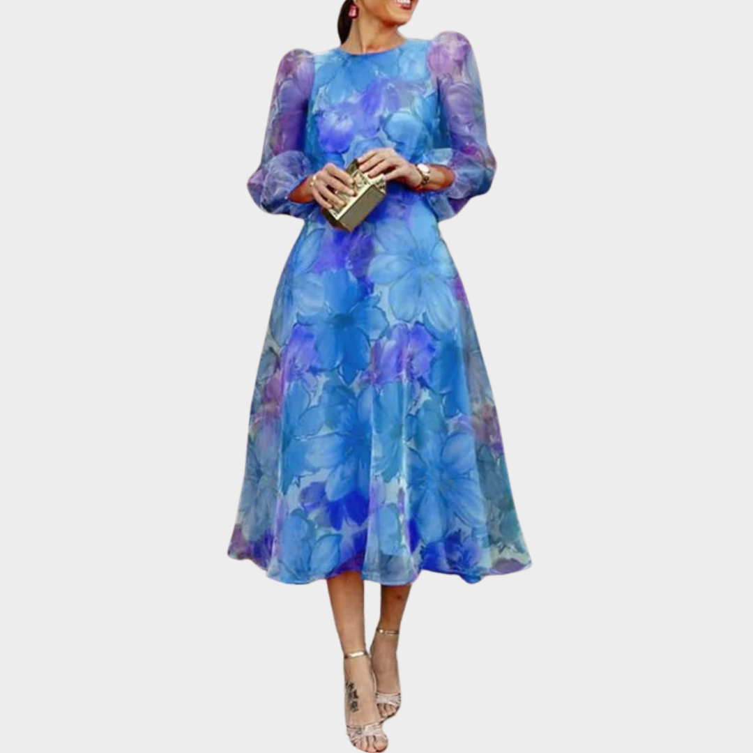 Women's Floral Print Dress – Elegant O Neck – 3/4 Puff Sleeves – Swing Party Style – Multiple Colours
