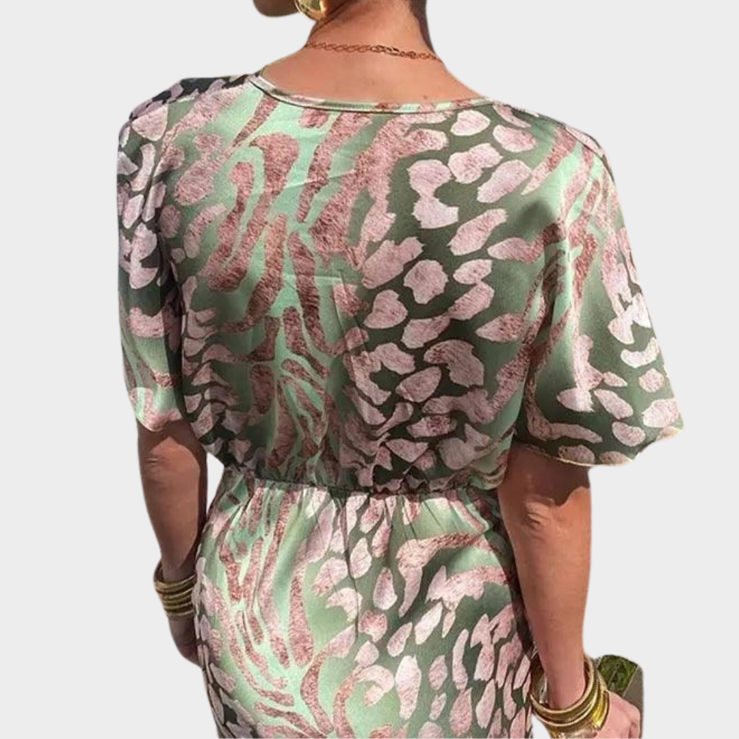 Women’s Mid-Length V-Neck Dress – Knot Front Fit – Figure-Flattering with Short Sleeves – Soft Stretch Material – Olive Green