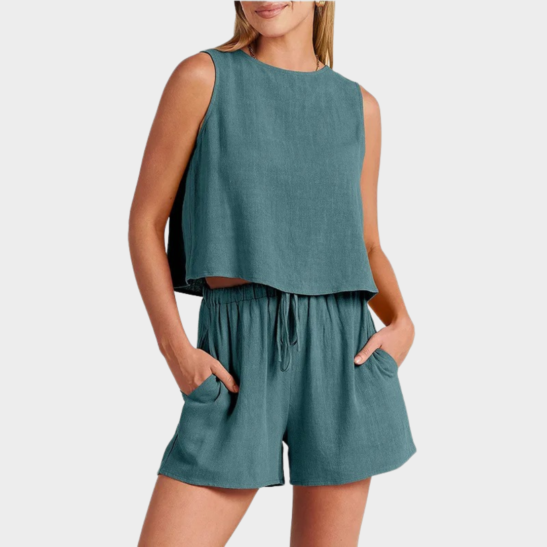 Women’s Sleeveless Linen Two-Piece Set – Button-Back Top and Shorts – Lightweight Soft Fabric – Relaxed Fit Casual Outfit – Multiple Colours