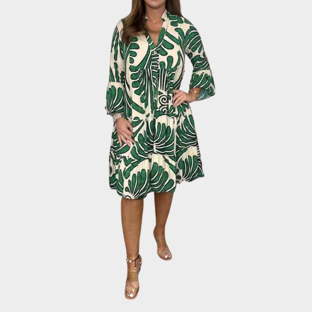 Women's Dress – V-Neck A-Line Long Sleeve Button Detail Loose Fit Cotton Blend – Multiple Colours