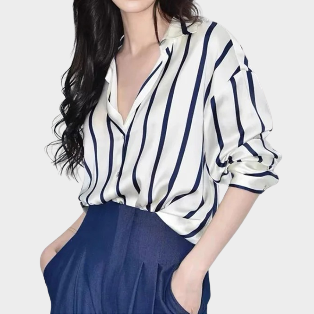 Women's Vintage Striped Shirt – Loose Fit Turn-Down Collar Button Blouse Cotton Polyester – Blue