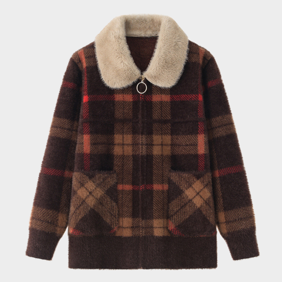 Women’s Woolen Jacket – Faux Mink Fur Collar - Zipper Cardigan - Brown / Red