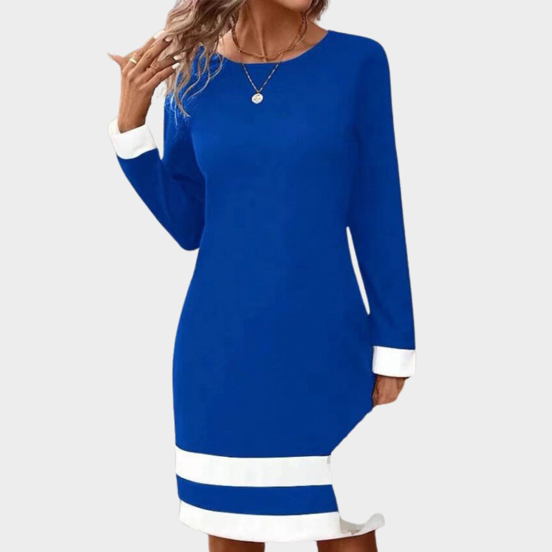 Women's Autumn Winter Fashion Color Block Dress – Round Neck Long Sleeve Casual Fit, Black, Blue, and More