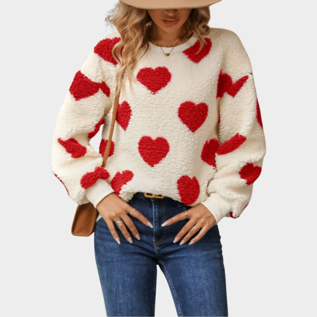 Autumn & Winter Women’s Loose Fit Love Print Sweater - Long Sleeve Round Neck Plush Knit, Red, Black, Khaki