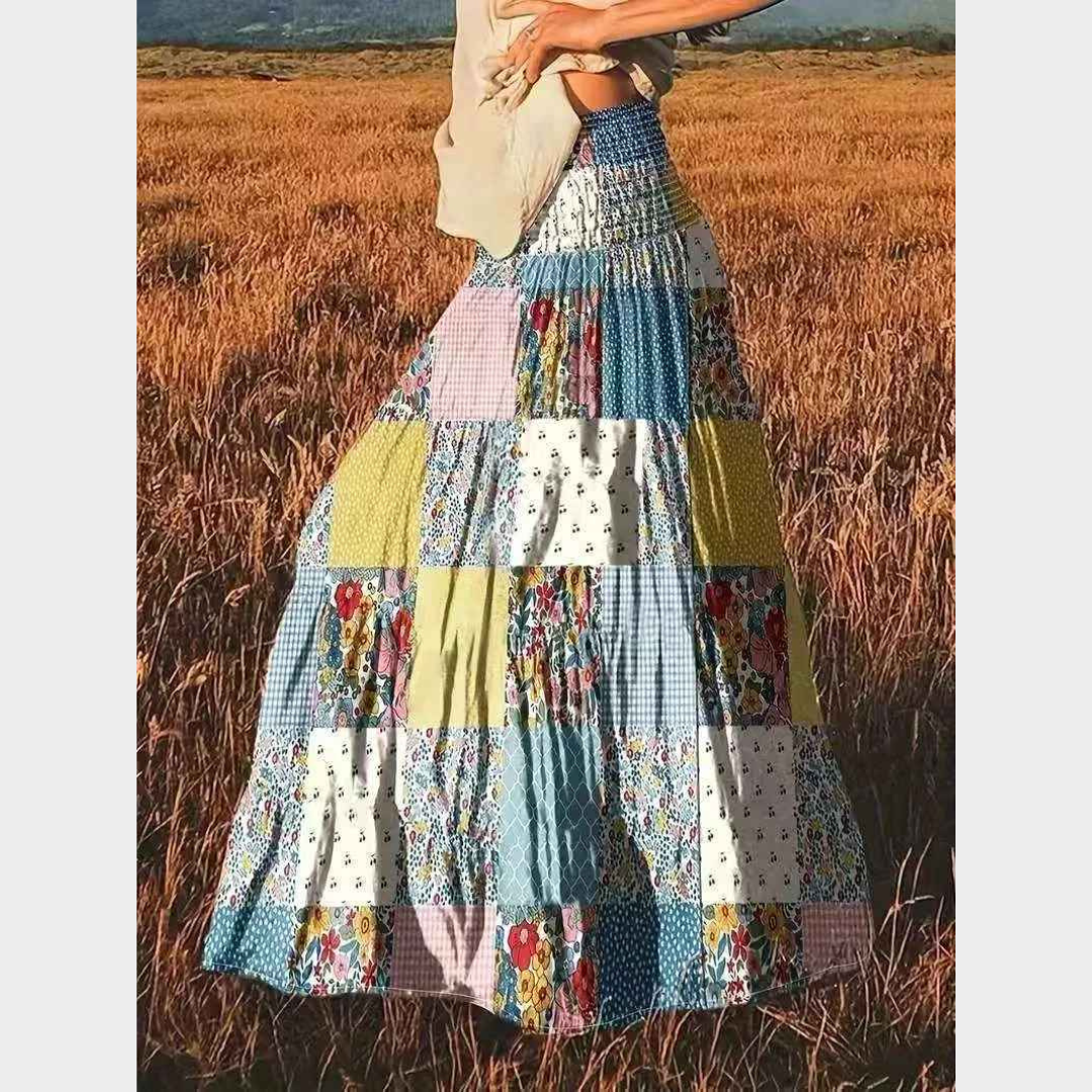 Women's Floral Long Skirt – High Waist Printed Splicing Style with Flowy Fit – Multicolour