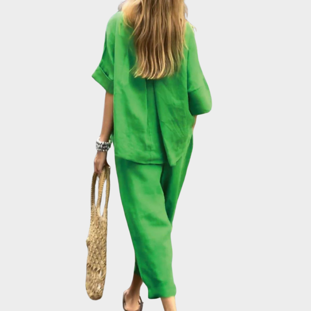 Women's 2-Piece Cotton Linen Set – Loose-Fit Shirt & High-Waisted Trousers – Multiple Colours