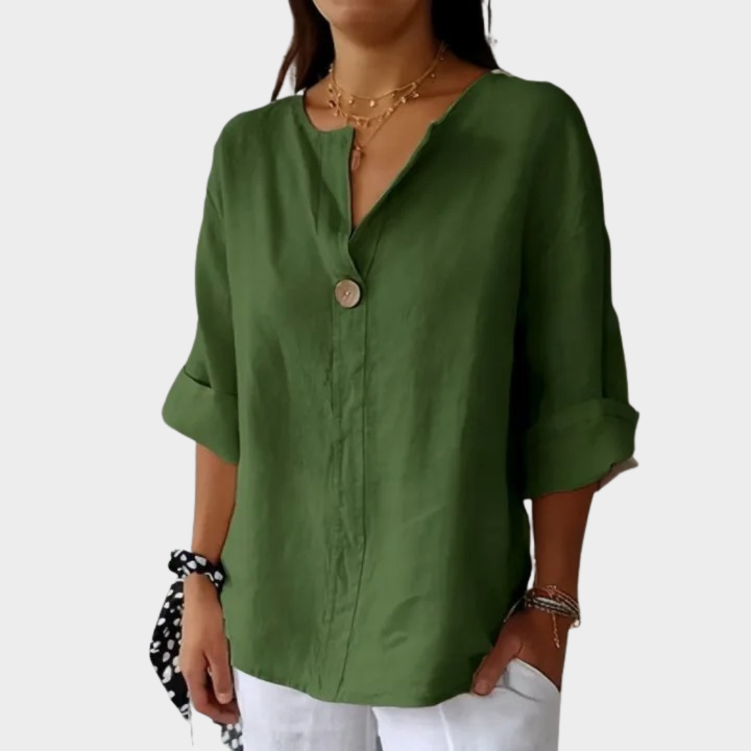 Women V-Neck T-Shirt – Loose Fit Cotton Linen Button Front Top – Multiple Colours
