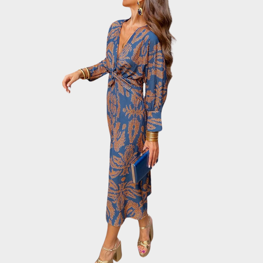 Women's Retro Printed Midi Dress – Elegant Round Neck Long Sleeve Party Dress – Multiple Colours