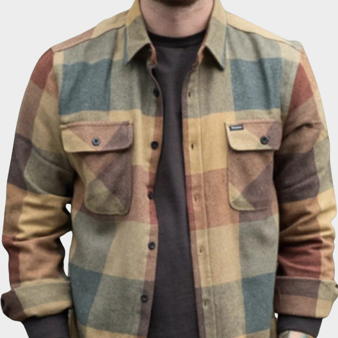 Men’s Plaid Shirt Jacket – Long Sleeve – Button-Down – Soft Flannel – Casual Outerwear – Brown