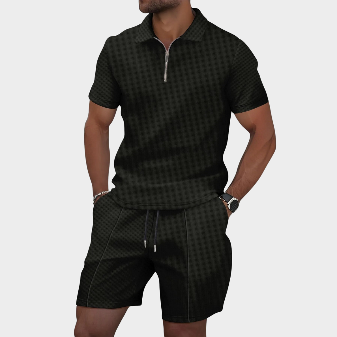Men’s Waffle Knit Polo & Shorts Set – Short Sleeve Lapel Casual Two-Piece – Lightweight Breathable Fabric – Multiple Colours