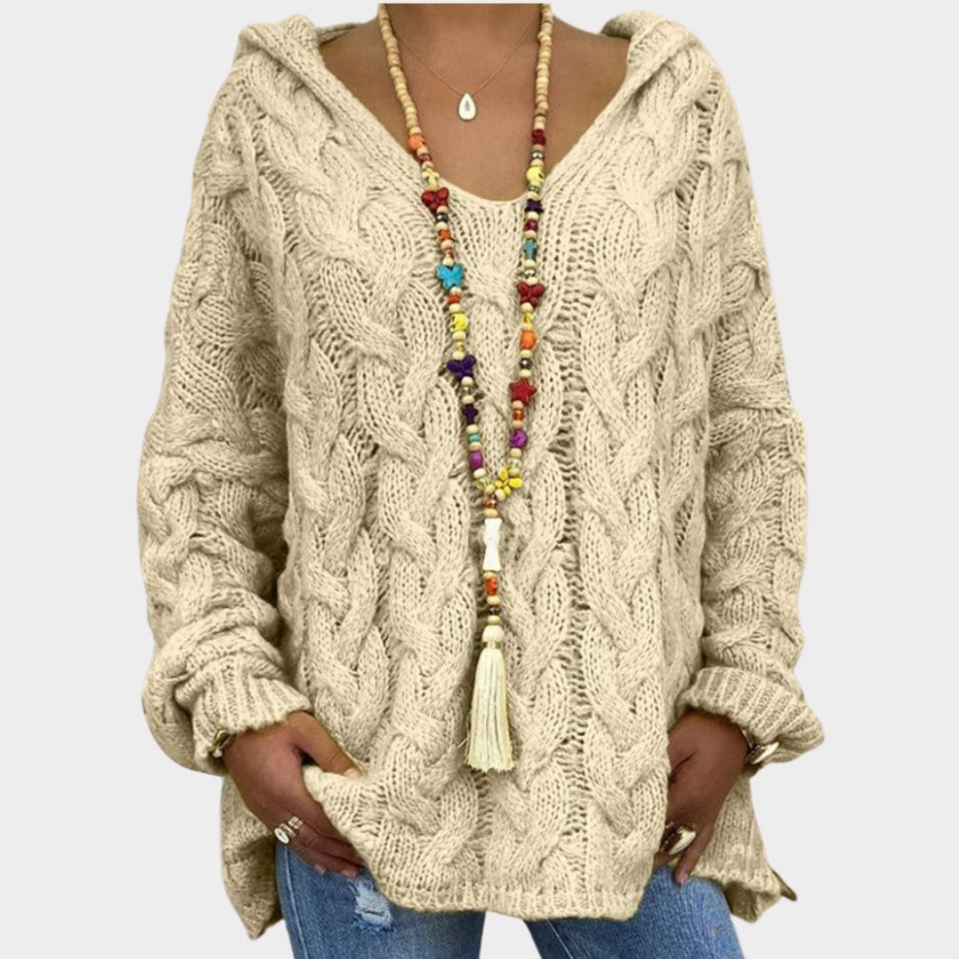 Women’s Hooded V-Neck Knitted Sweater - Long Sleeve, Twist Knit, Solid Color Loose Pullover, Red, Green, and More
