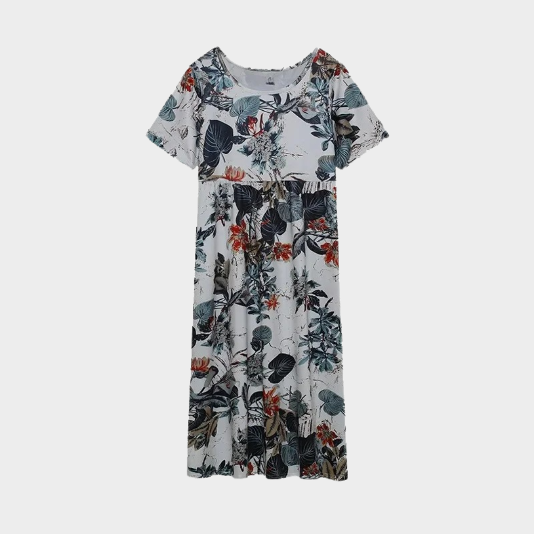 Women’s Vintage Floral Print Dress – Round Neck A-Line Fit with Short Sleeves – Lightweight and Flowy – Multiple Colours