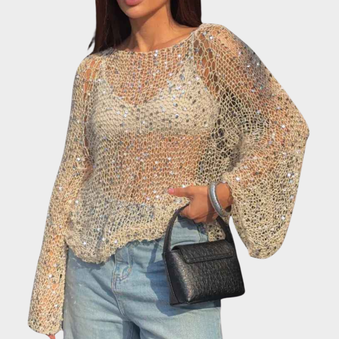 Women's Sequin Knit Sweater - Loose Fit Pullover - Hollow Out Design - O-Neck - Long Sleeve - Beige