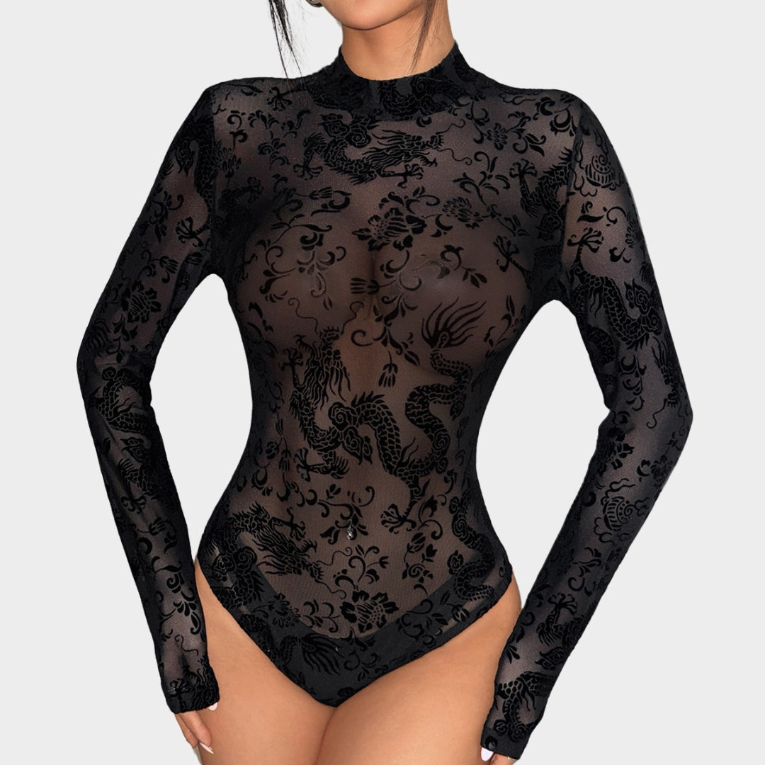 Women's Sheer Mesh Bodysuit - Long Sleeve Slim Fit Round Neck Jumpsuit - Multiple Designs