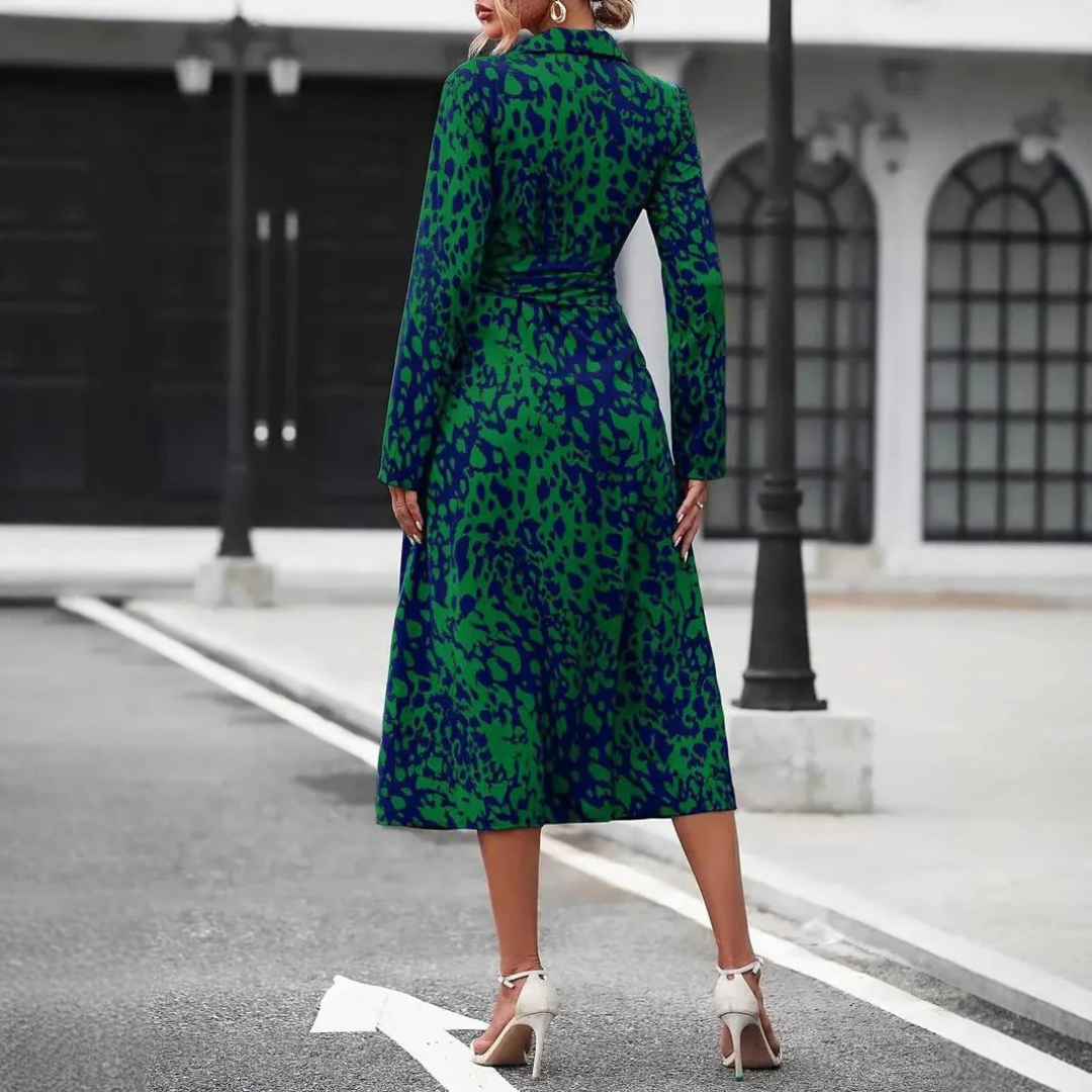 Women’s Midi Shirt Dress – A-Line Fit with Lace-Up Detail – Long Sleeve Printed Design – Thigh High Slit – Multiple Colours